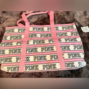 PINK Victoria's Secret Cream and Pink Logo Stripe Tote